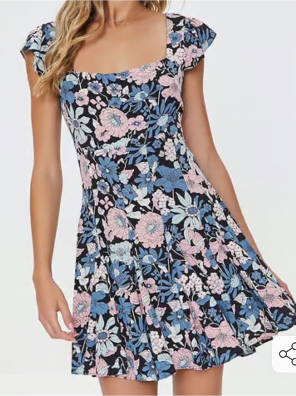 Floral Square Neck Mini Dress in Black, Blue & Pink Forever21 NWT small